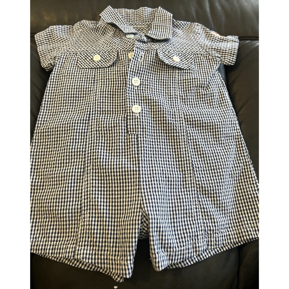 Vintage Baby Boys Blue White Gingham Print  Size 3-6 Months No Tag Puppy Boat